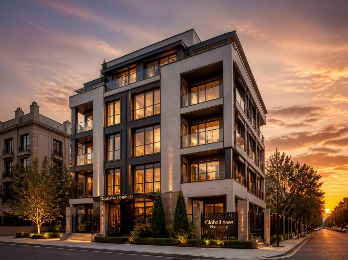 Elegant residential building managed by GlobalLease Hospitality at golden hour