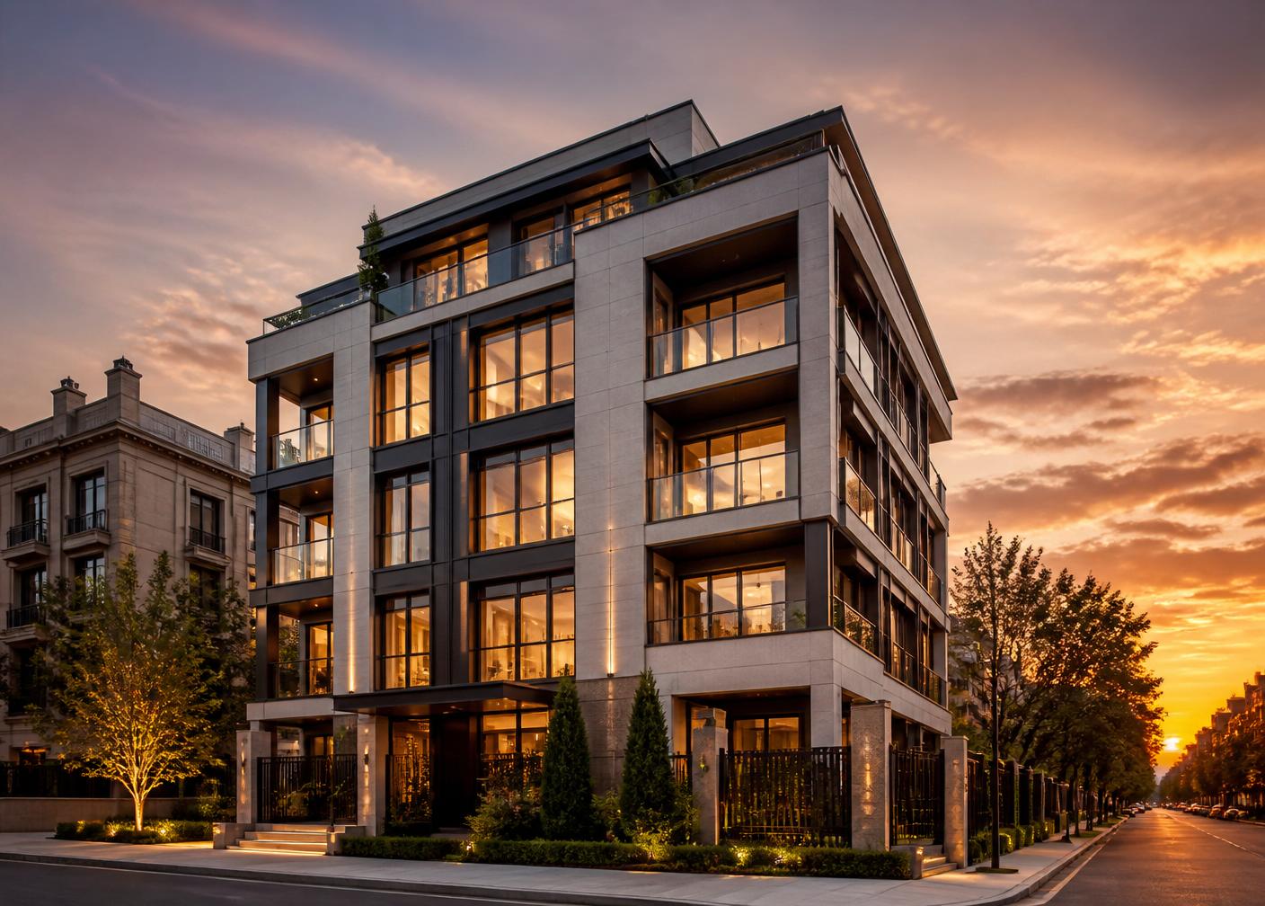 Elegant residential building managed by GL Hospitality at golden hour