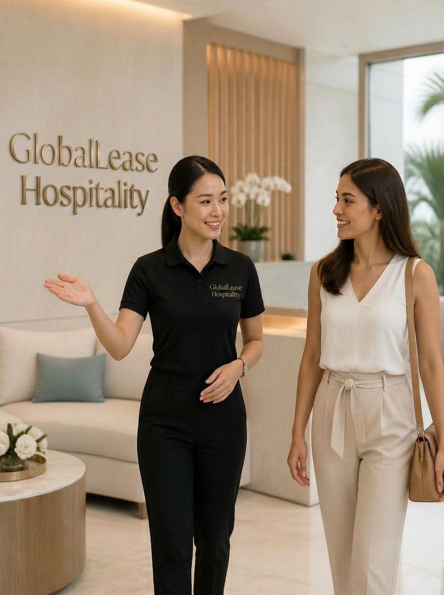 GlobalLease Hospitality concierge in black polo uniform