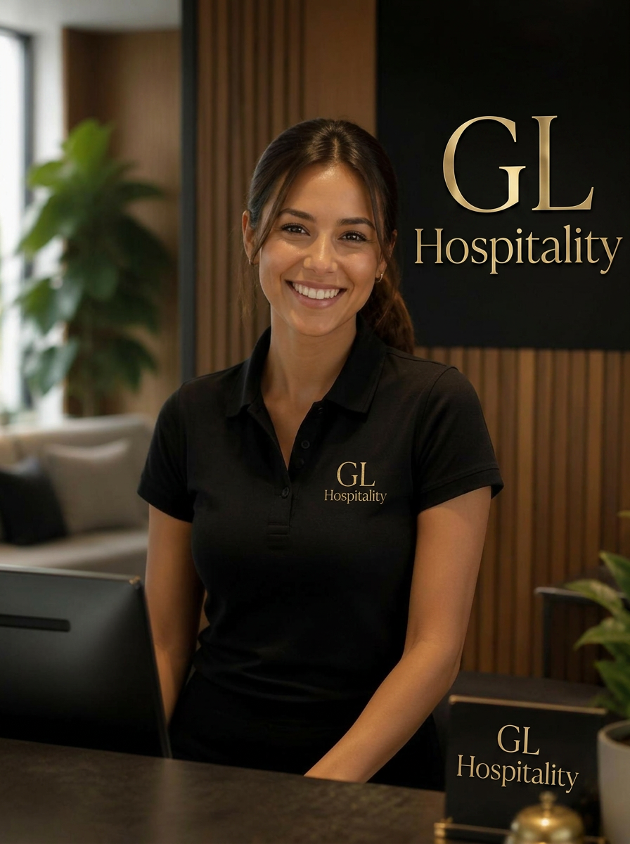 GL Hospitality host in black polo uniform welcoming co-living residents