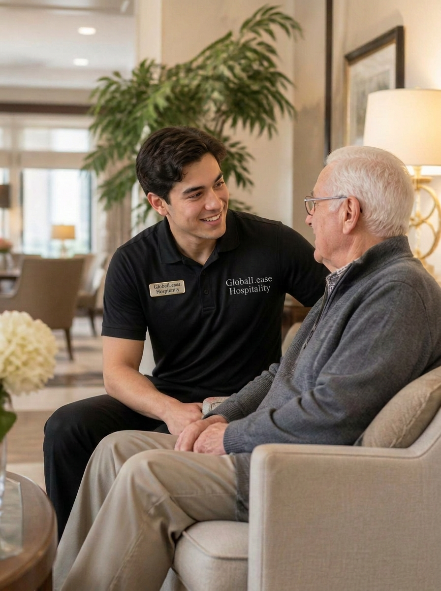 GlobalLease Hospitality staff in black polo uniform supporting residents