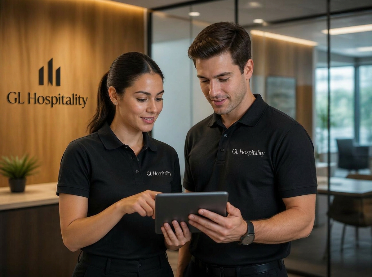 GL Hospitality team member in black polo uniform in a connected co-working space