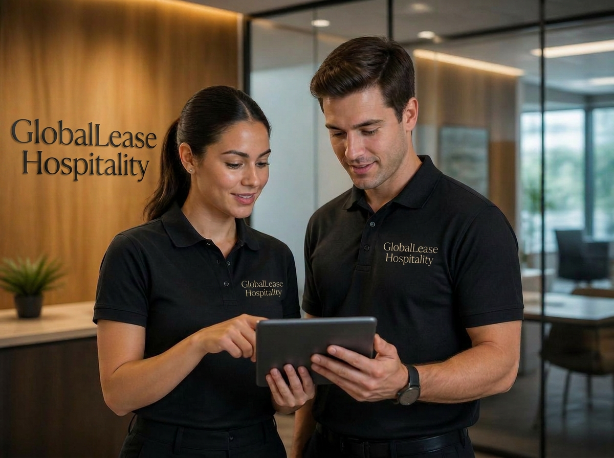 GlobalLease Hospitality team member in black polo uniform in a connected co-working space